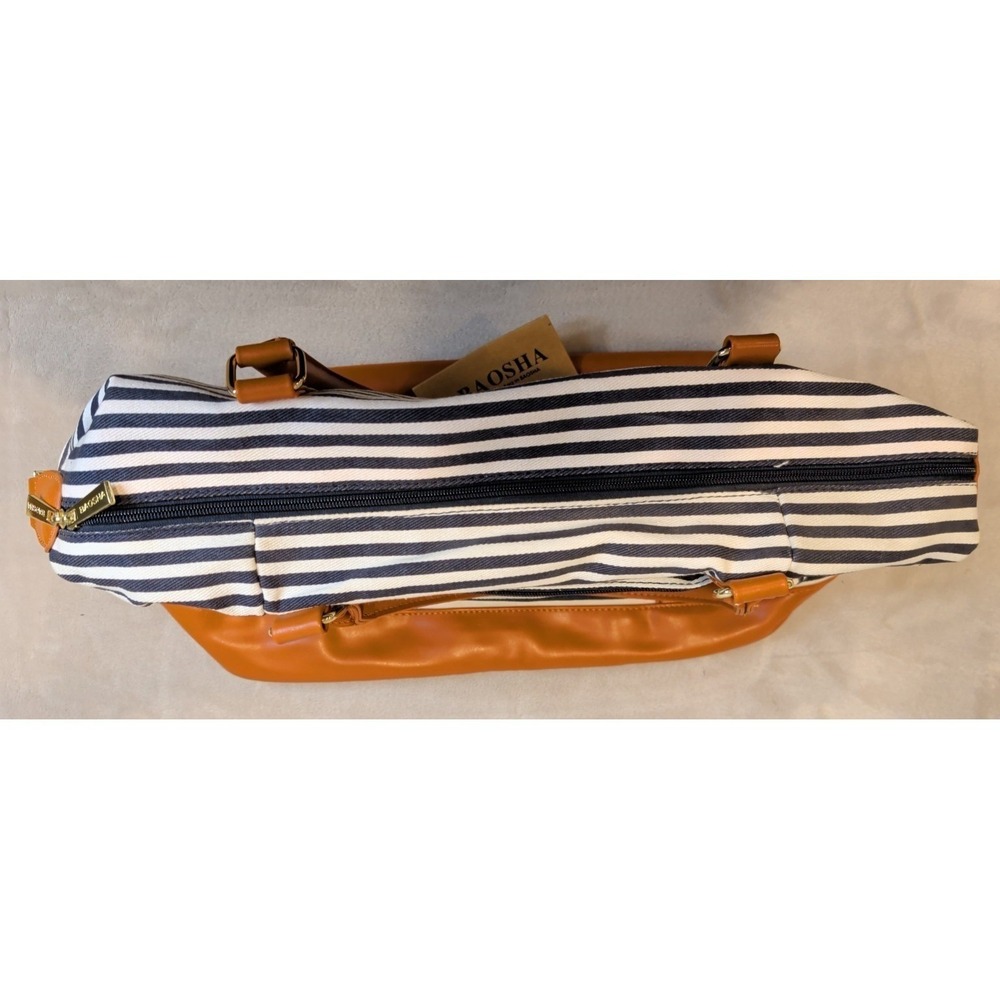 BAOSHA Striped Canvas Weekender Duffel Bag Brown Faux Leather Travel Tote - Picture 5 of 7